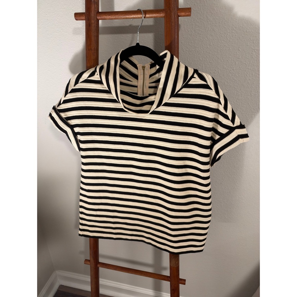 Anthropologie Postmark Black Cream Striped Funnel Neck Back Zip Top Medium